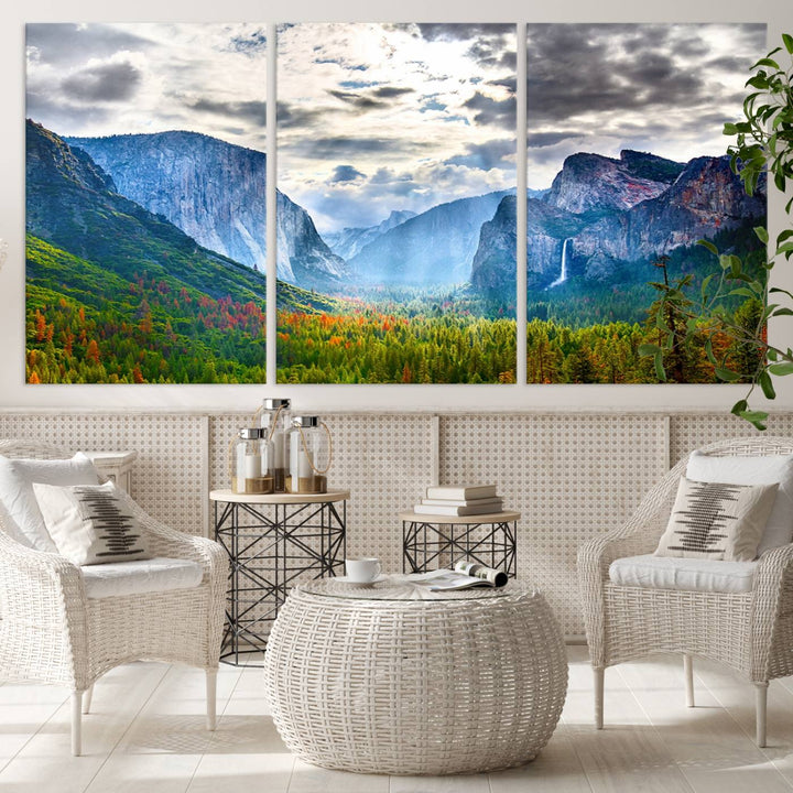 The Yosemite Park Half Dome 3 Panel Canvas Print beautifully captures the enchanting beauty of national parks with its vibrant mountain and forest scene. This large giclée landscape wall art is perfect for living rooms, offices, or bedrooms and comes ready to hang.