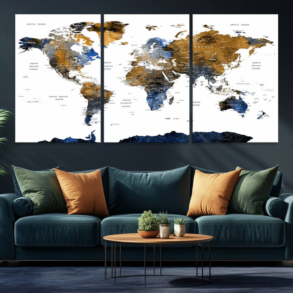 The Triptych Modern World Map Canvas in blue and brown is an ideal global decor piece for enhancing living rooms or offices. It comes ready to hang.