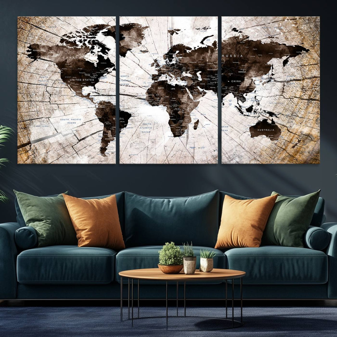 A Vintage World Map on Wood Style Canvas hangs prominently.