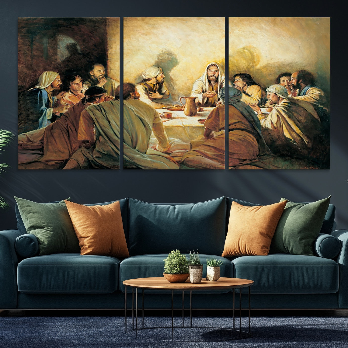 Framed canvas print of the Last Supper, depicting Jesus and his disciples, perfect for religious or Christian-themed home decor.