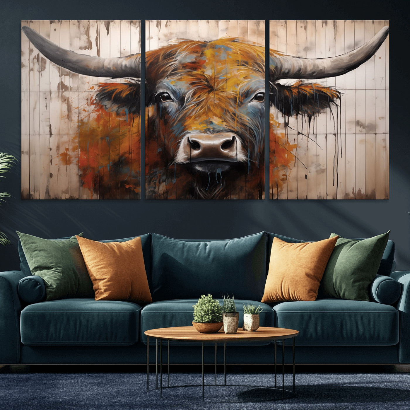 MGV-CV-60X30-3P - Abstract Bull Highland Cow Canvas Wall Art Print – Vibrant Rustic Charm in Modern Farmhouse Decor –