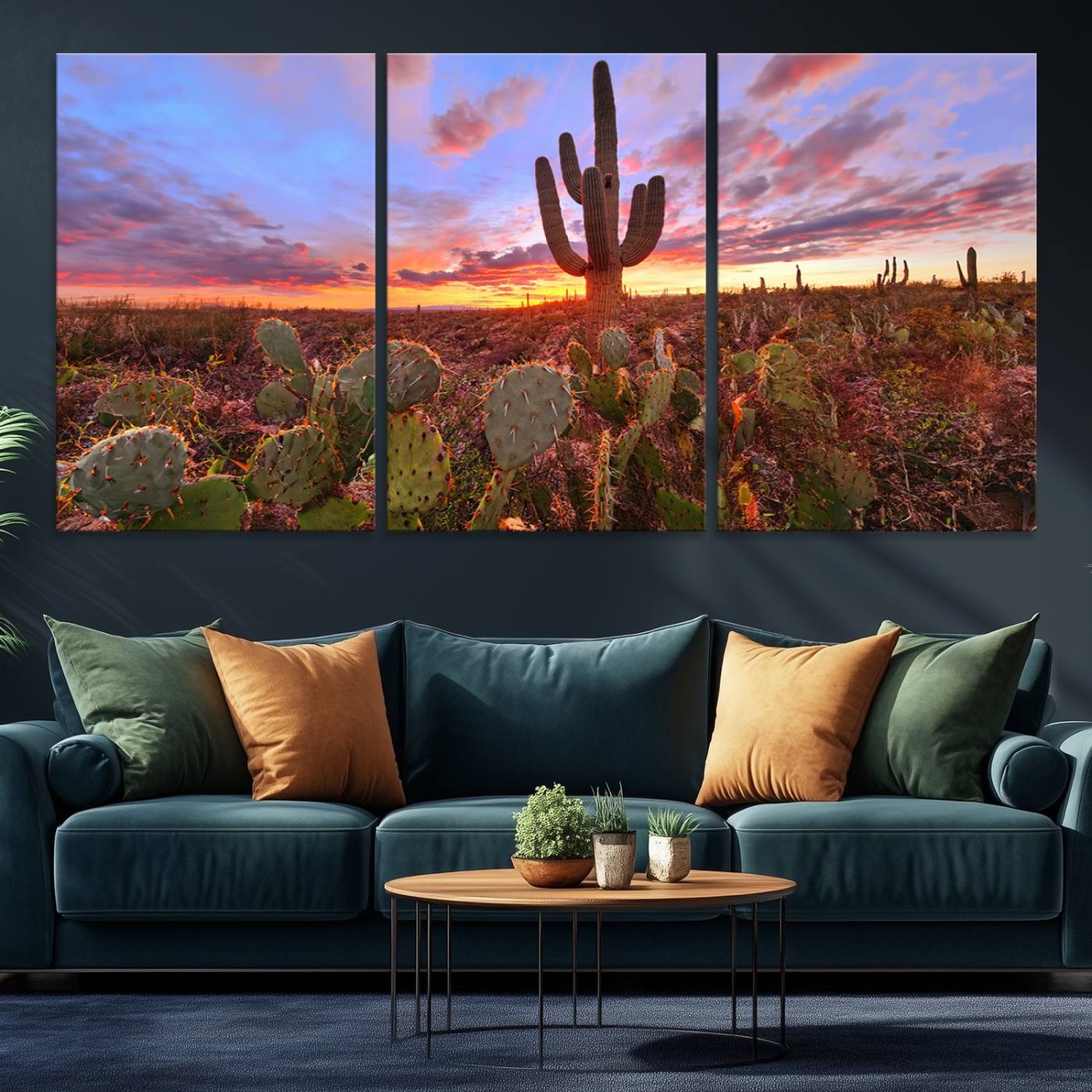 The Arizona Desert Sunset Wall Art Canvas Print hangs prominently.