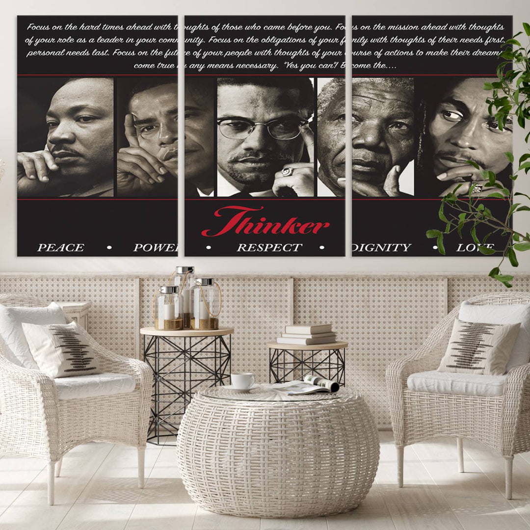 The Thinkers of Wall Art Canvas Print features icons of peace, power, and respect; it is framed and ready to hang.