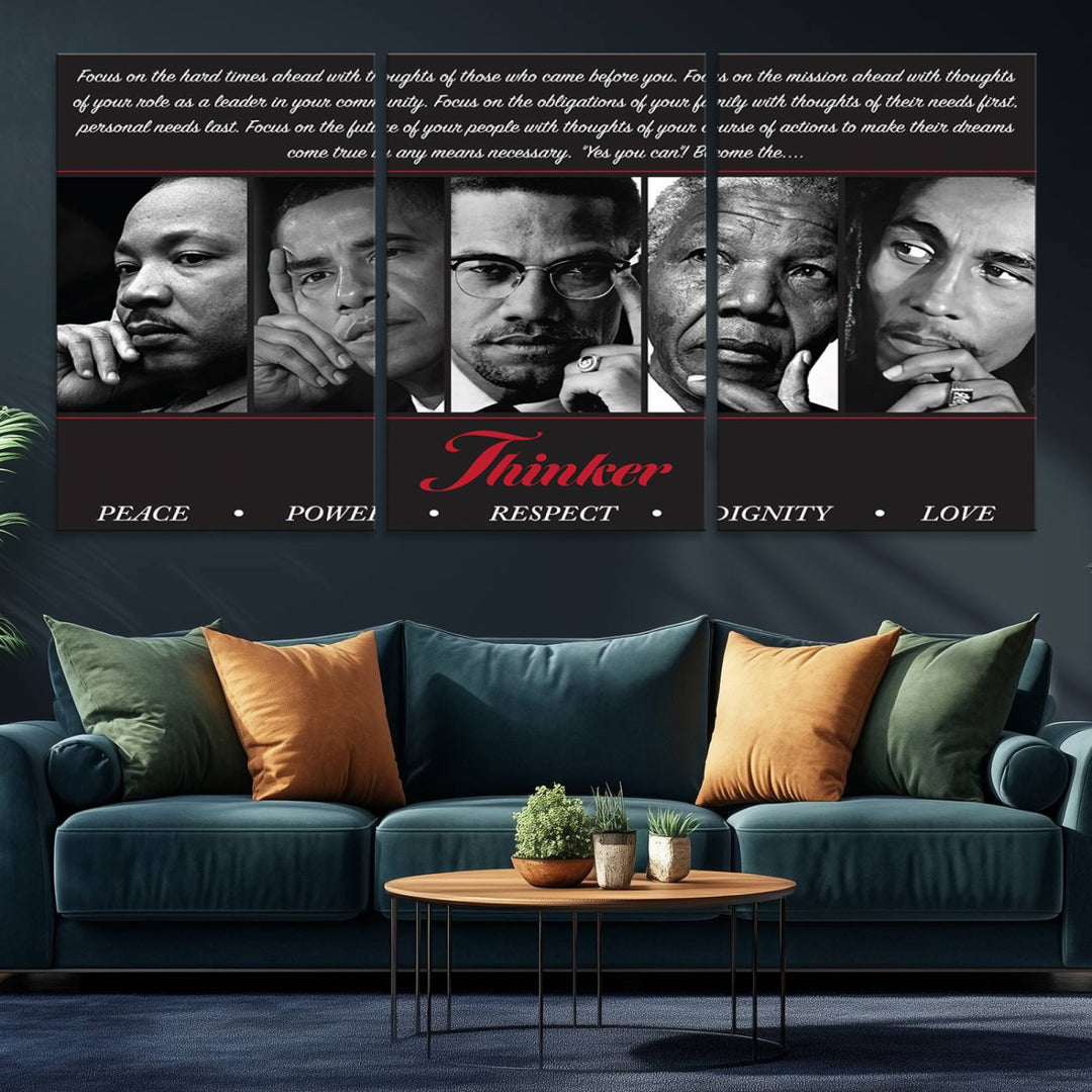 The Thinker Quintet Canvas Wall Art features portraits of Martin, Obama, Malcolm X, Mandela, and Marley, each representing virtues such as Peace and Power.