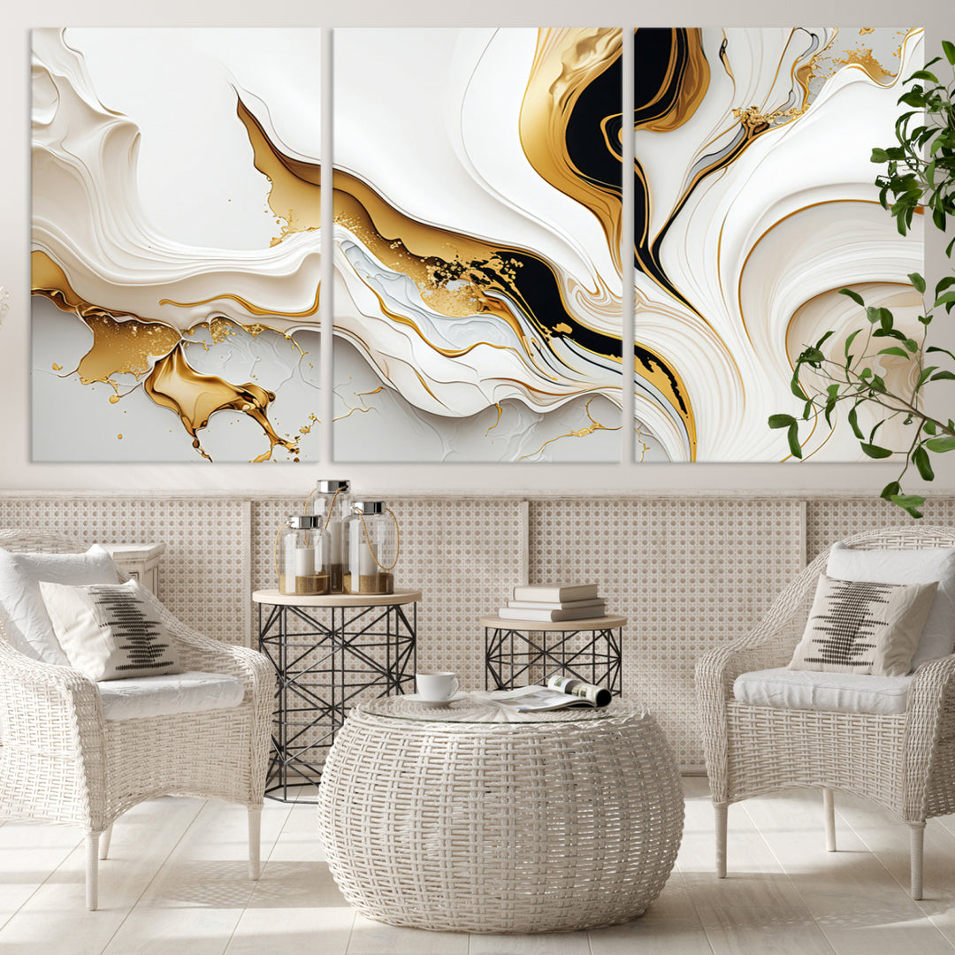 Modern interiors showcase Gold Waves on Pure White Canvas.