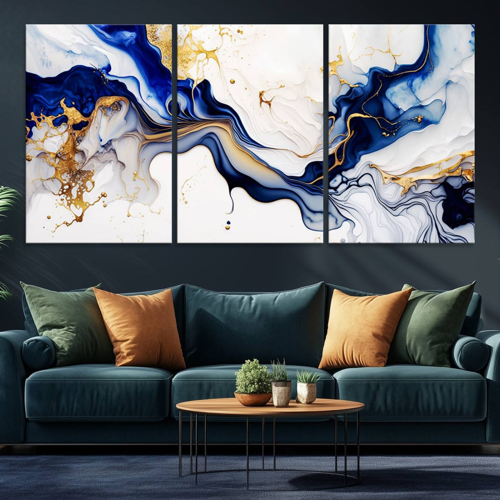 Golden Cascades on Midnight Blue wall art swirls above, featuring gold and white accents.