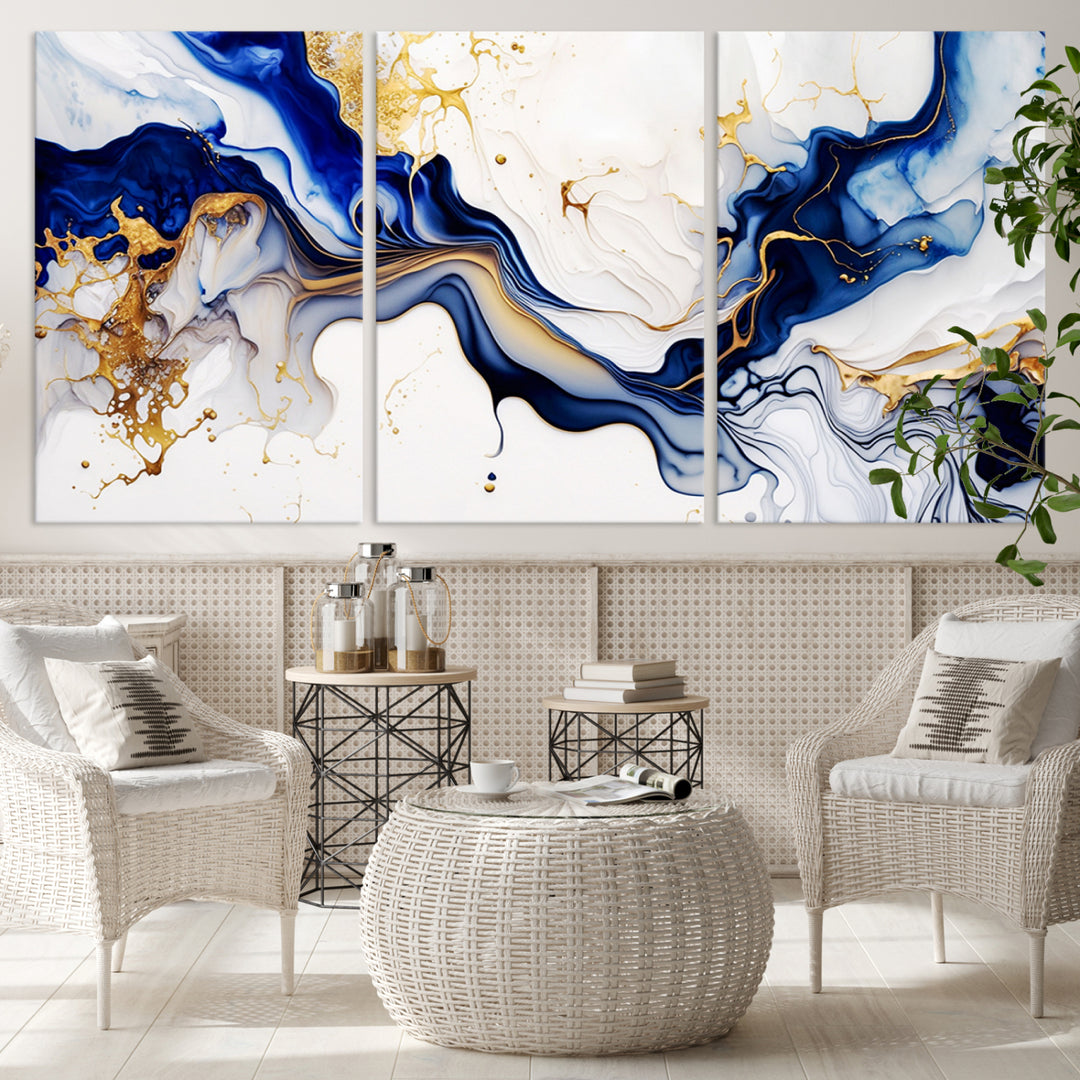 Golden Cascades on Midnight Blue wall art swirls above, featuring gold and white accents.