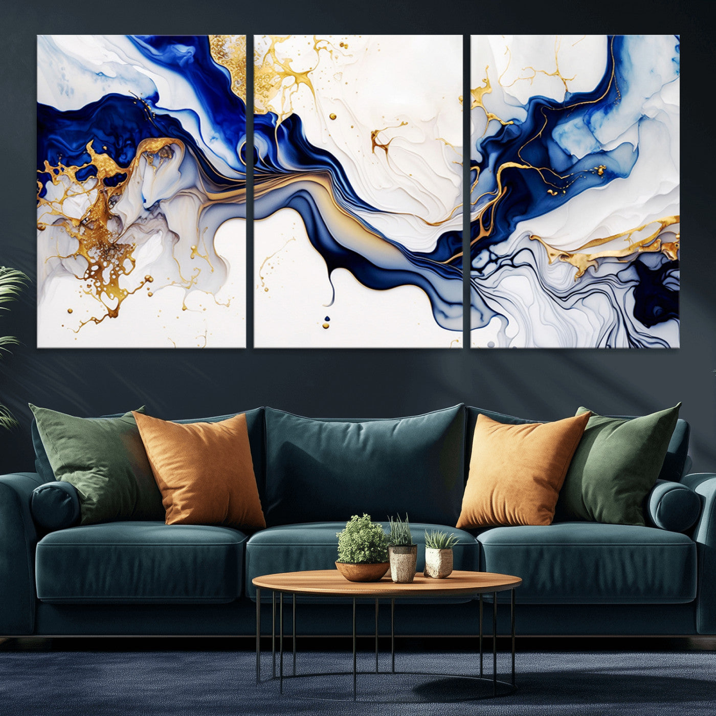 MGV-CV-60X30-3P - Golden Cascades on Midnight Blue – Deep Blue Abstract Wall Art Flowing Elegance | Wall Art Canvas,
