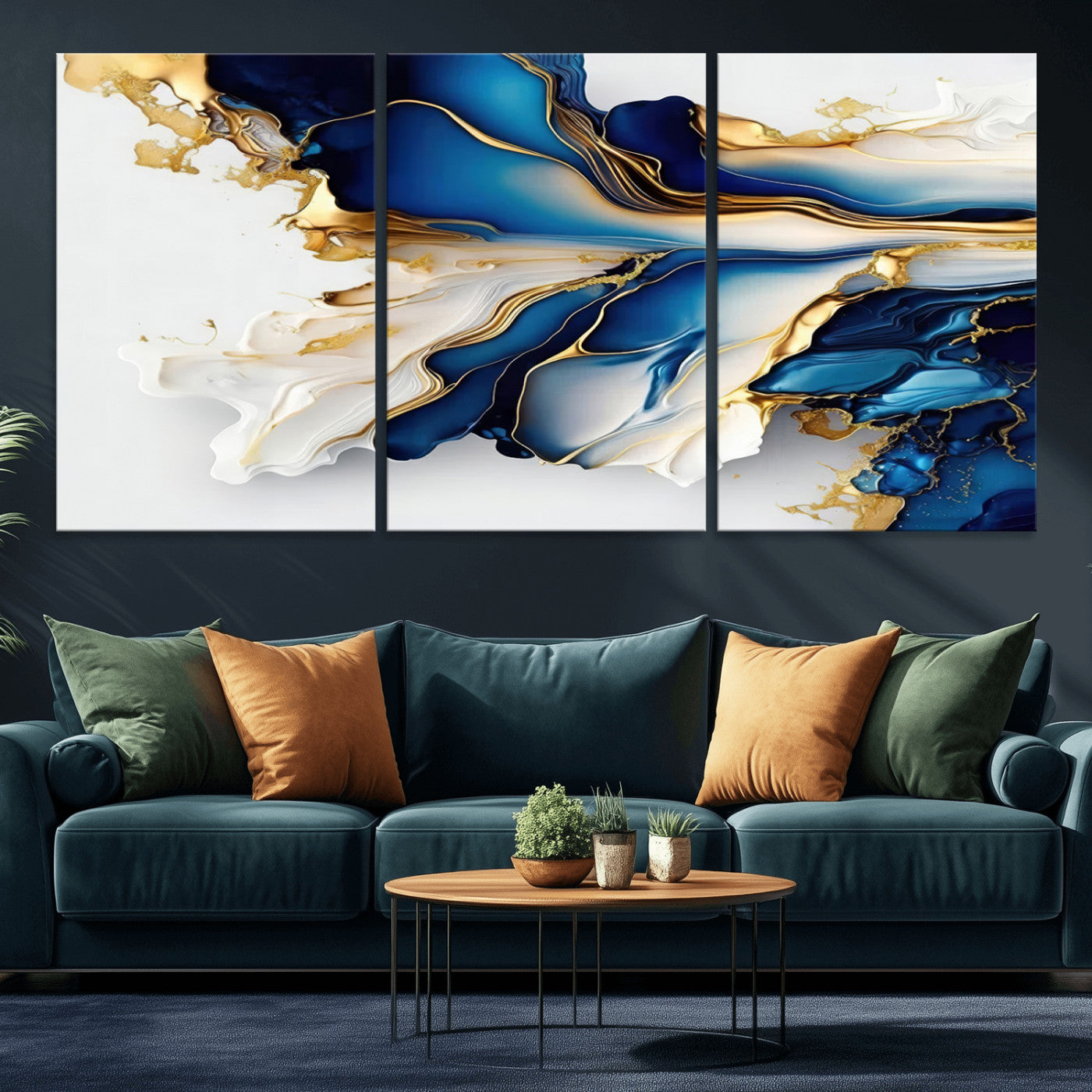MGV-CV-60X30-3P - Gold Marble Art - Abstract Geode Gold And Blue Marble Shape 3 Pieces Wall Art Canvas Print