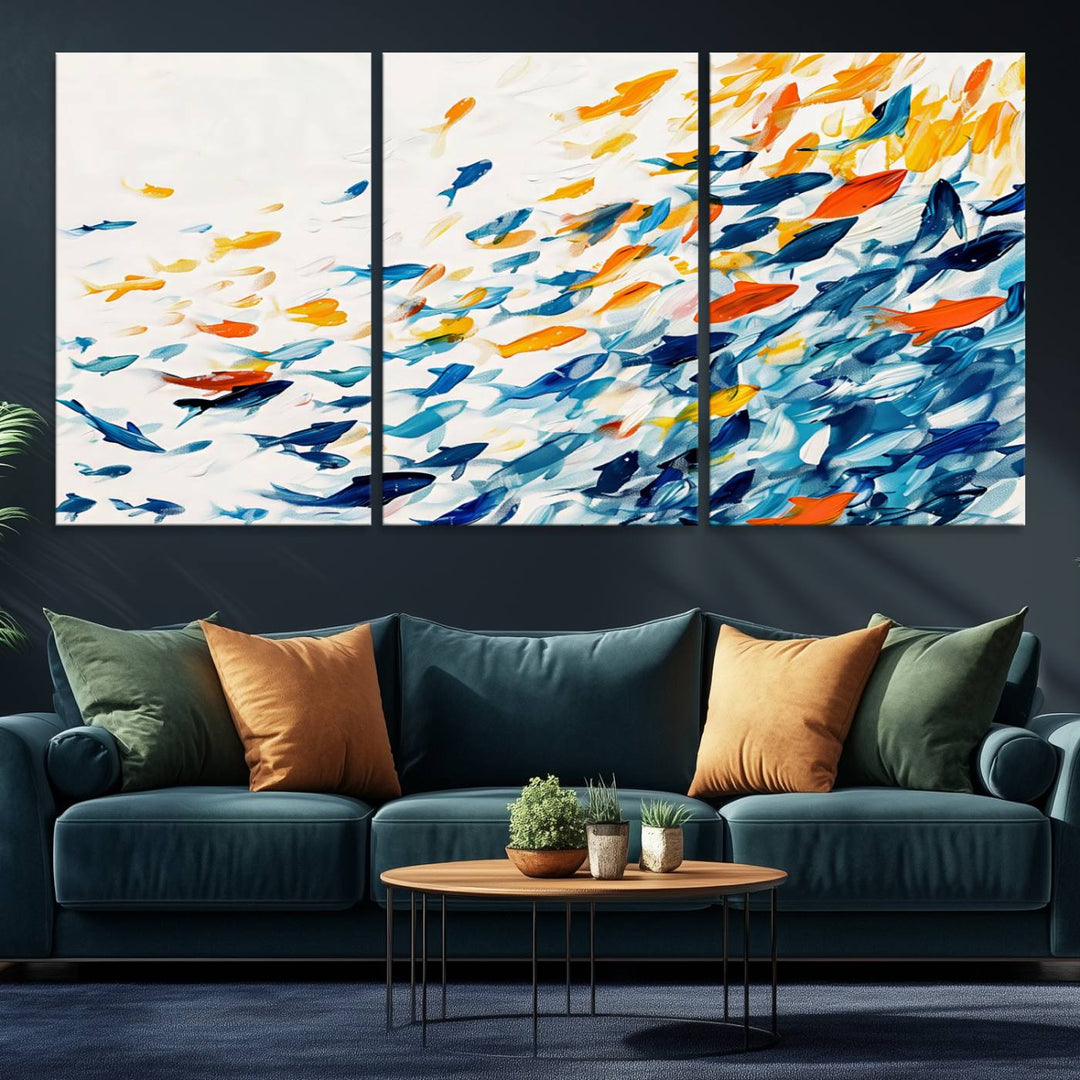 A colorful Abstract Fish Shoal Canvas Print hangs on the wall.