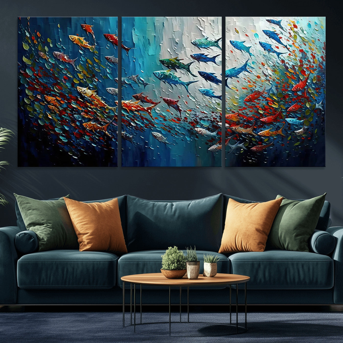 MGV-CV-60X30-3P - Modern Abstract Fish Shoal Wall Art Canvas Print, Colorful Fish Herd Painting on Canvas Print, Ocean