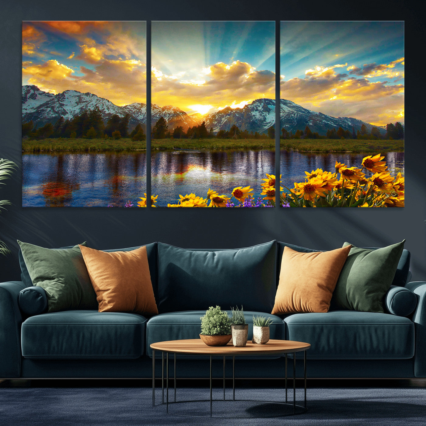 MGV-CV-60X30-3P - Grand Teton Park Amazing Mountain Landscape Sunset Wall Art Canvas Print