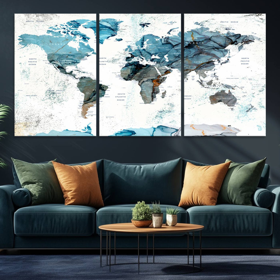 Push Pin World Map Wall Art Canvas Print adds a touch of elegance to the home decor.