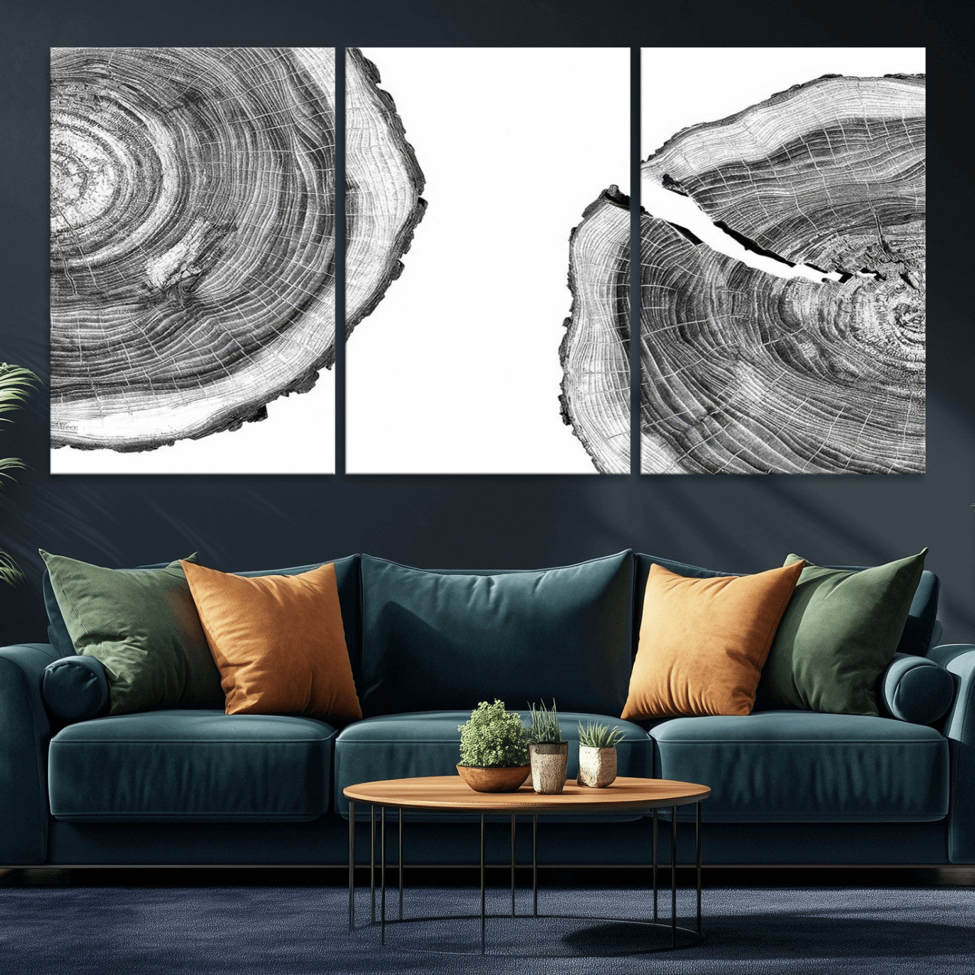 MGV-CV-60X30-3P - Abstract Large Tree Rings – Minimalist Black and White Wood Art | Triptych Canvas, Modern Wall Decor