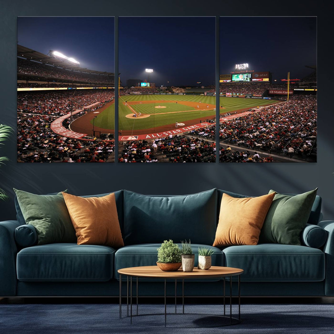 Aerial view of an LA Angels game at night, captured as stunning wall art on premium canvas, handmade in the USA.