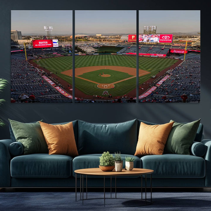 Aerial view of Angel Stadium, perfect as gallery-quality wall art - Los Angeles Angels Canvas Print.