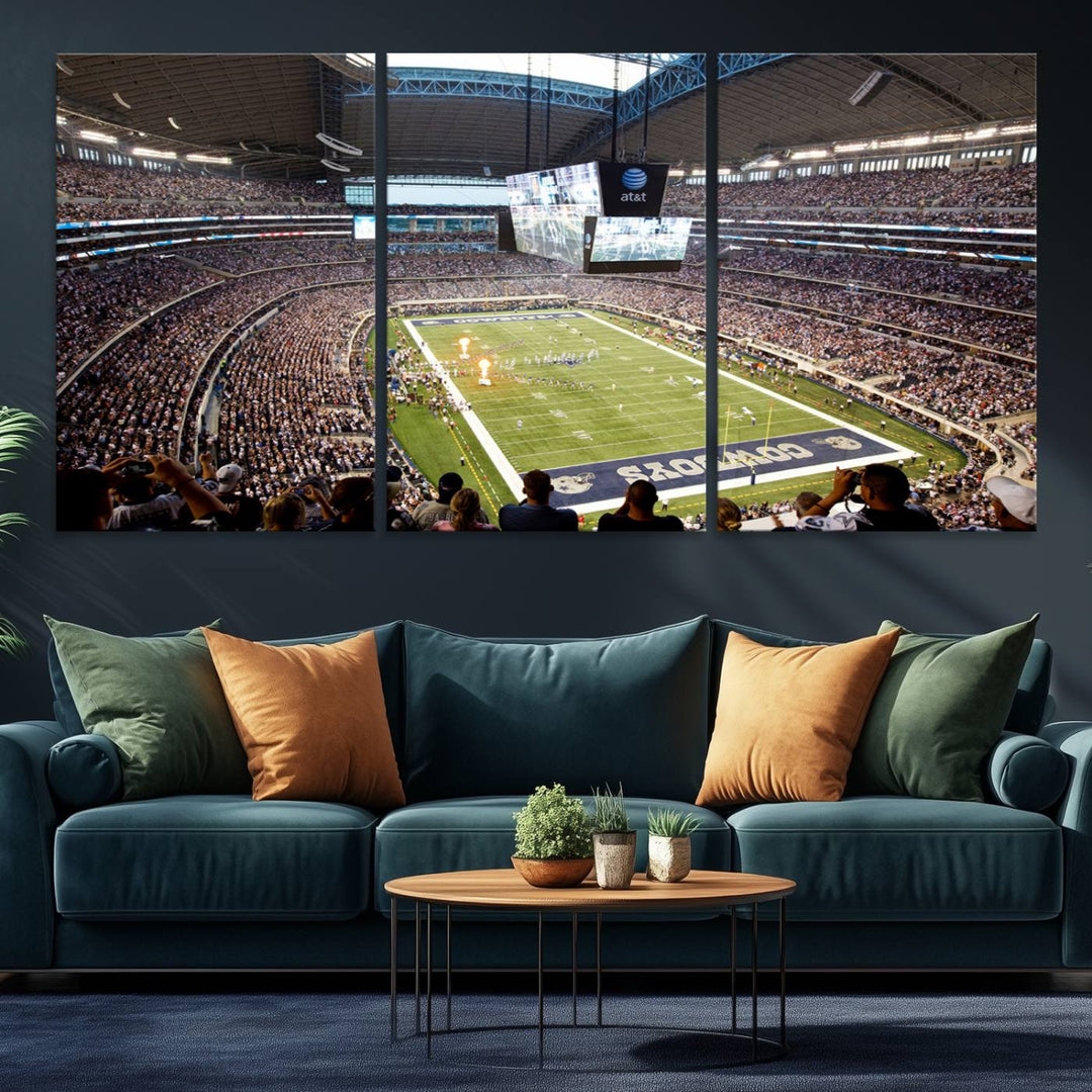 The wall art is a Dallas Cowboys AT&T Stadium Canvas Print, showcasing the iconic logo.