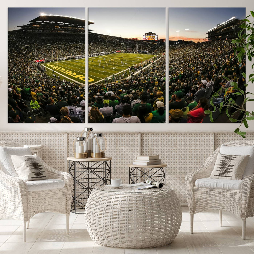 Autzen Stadium Evening Game Triple Canvas Wall Art - Oregon Ducks Football Match