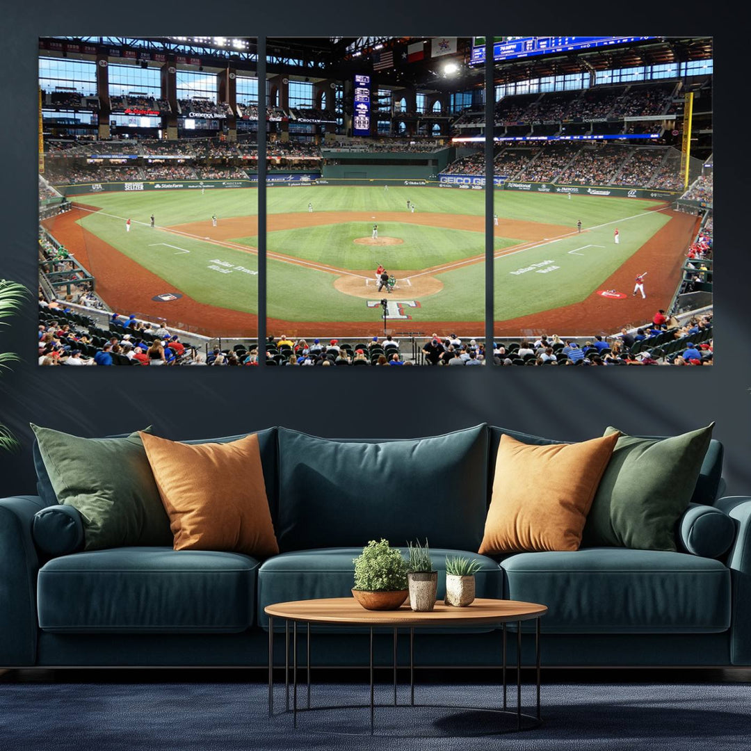 Admire the Texas Rangers Wall Art showcasing Globe Life Fields covered stadium and its lively crowd.