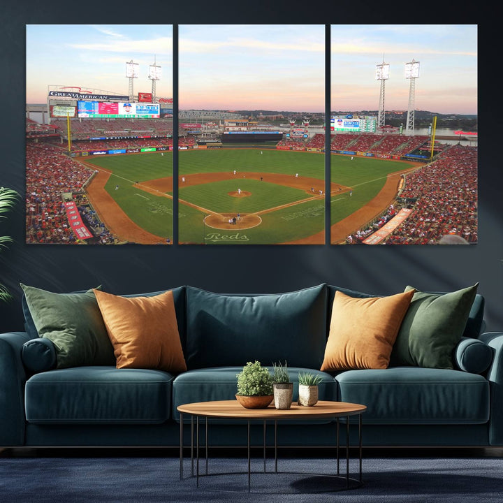 Cincinnati Reds game at sunset: Stadium wall art canvas.