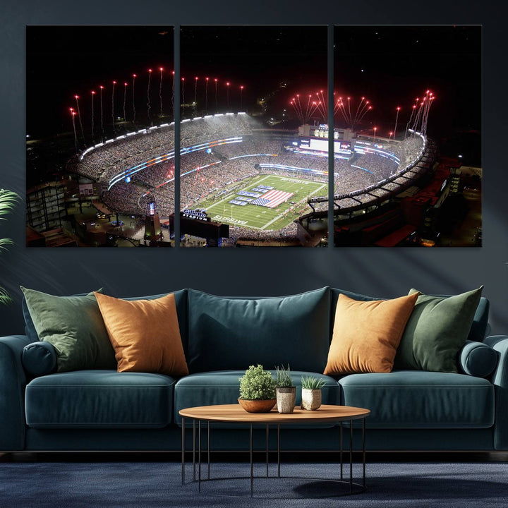 Aerial view of Gillette Stadium with fireworks and flag—ideal for a New England Patriots canvas print.