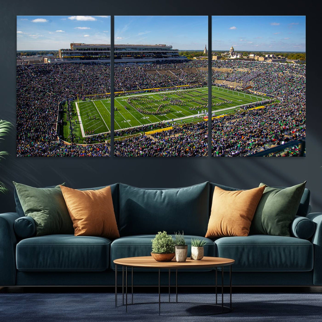 Aerial shot of packed stadium on green; Notre Dame Fighting Irish Stadium Wall Art Canvas Print.