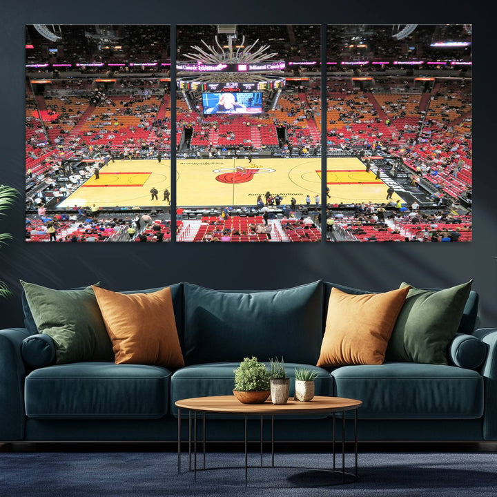 A Miami Heat Basketball Print showcases Kaseya Center Stadium Wall Art with a grand scoreboard.