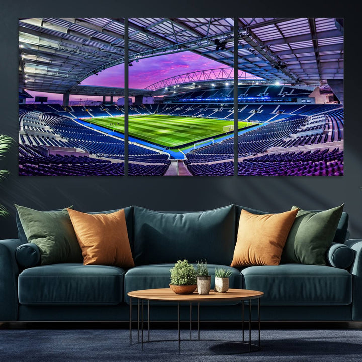 The FC Porto Soccer Team Dragon Stadium Wall Art Canvas Print decorates the room.