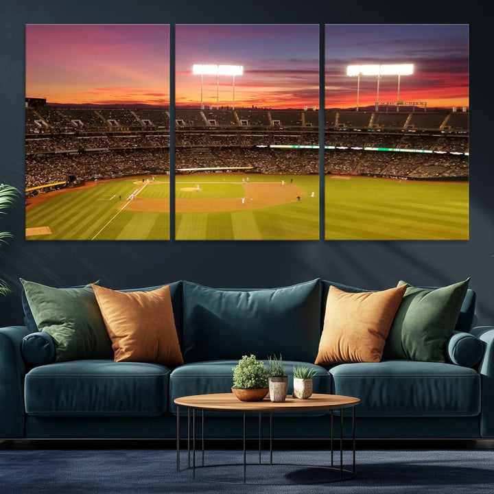 The Oakland Coliseum print is a museum-quality canvas depicting a full crowd and a sunset.