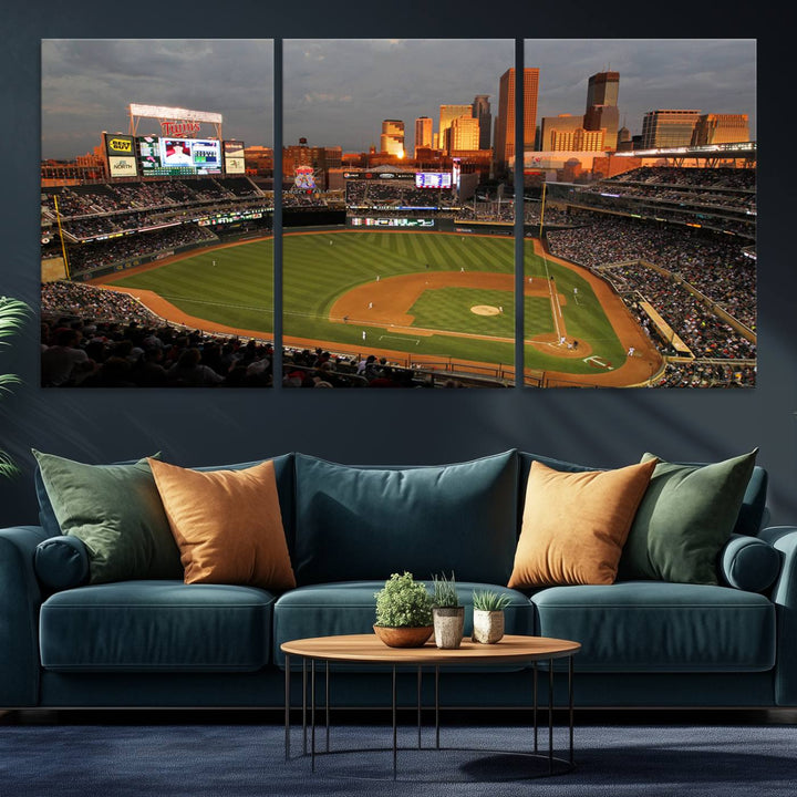 Baseball at Target Field, sunset game, city skyline view.