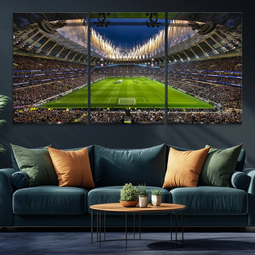 A stunning Tottenham Hotspur Stadium wall art captures the energy of a stadium packed with fans and vibrant lights.