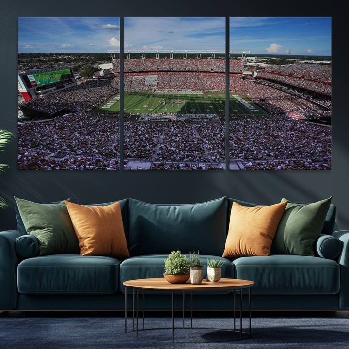 The wall art is a South Carolina Gamecocks print, showcasing Williams-Brice Stadium from a distance under clear skies.