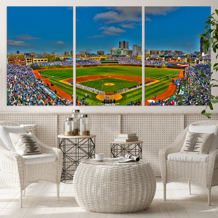 Wrigley Field Chicago Cubs Panoramic 3-Piece Canvas Wall Art - Iconic Baseball Stadium Print for Sports Lovers - Ready to Hang