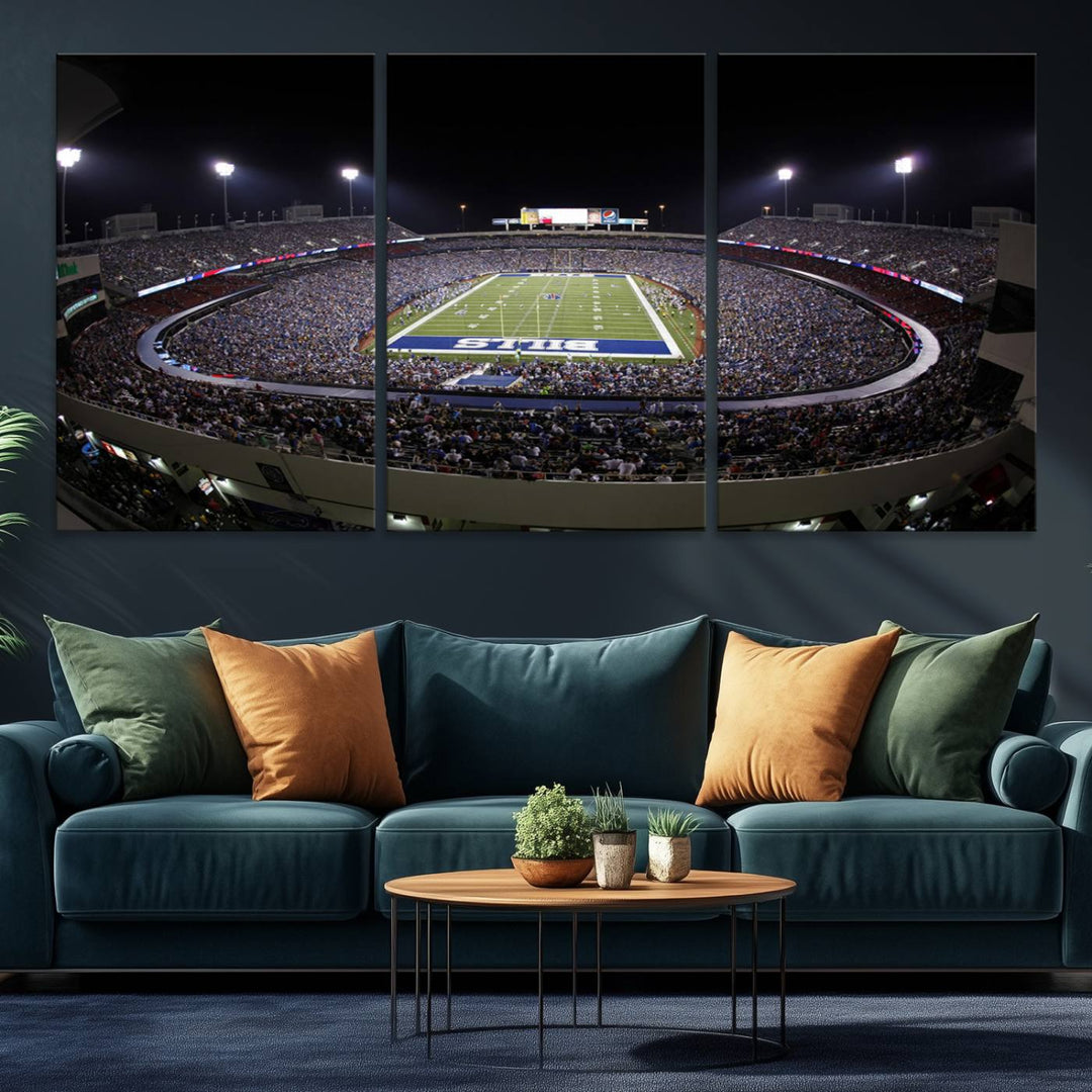 The Buffalo Bills NFL Highmark Stadium at night print captures the bright lights, conveying an exhilarating atmosphere.