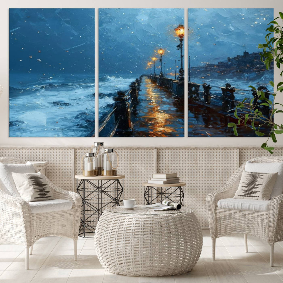 Framed 3-Panel Seaside Night Pier Oil Painting Canvas Wall Art | Ready to Hang Coastal Landscape Art for Modern Living Room, Office, or Bedroom Decor