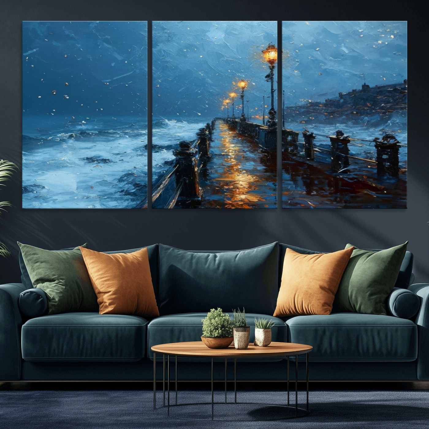 MGV-CV-60X30-3P - Stormy Night at Beach Pier Oil Painting Large Wall Art Print, Framed Canvas Nature Wall Decor,