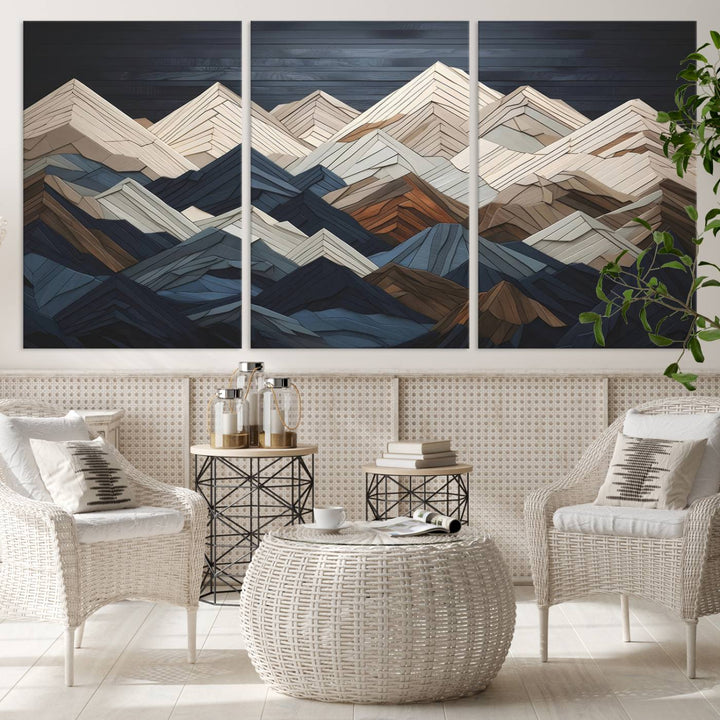 Wood Mountain Range Wall Art - Ready to Hang 3-Piece Set for Modern Rustic Decor, Abstract Wooden Design for Living Rooms Offices