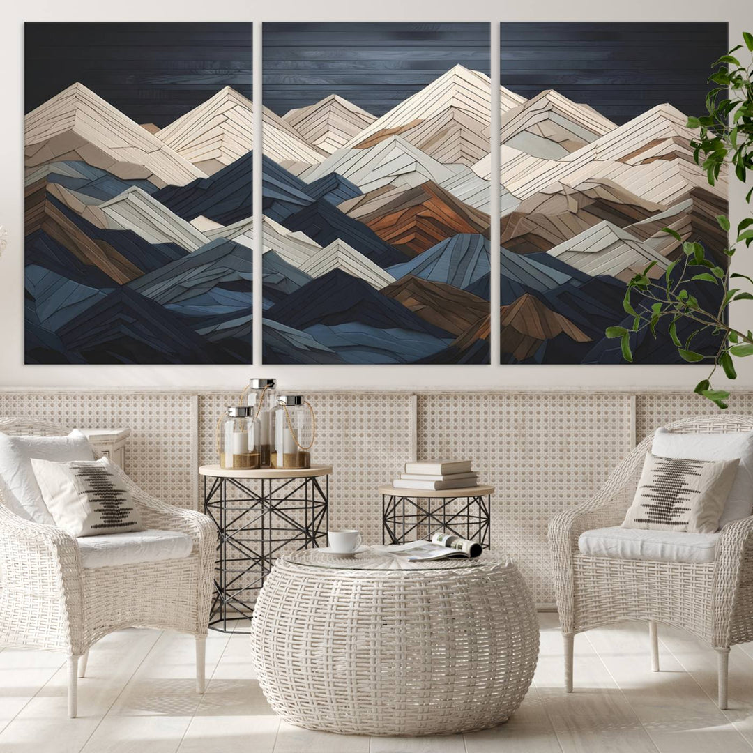 Geometric Wood Mountain Wall Art | Wood-Inspired Canvas Print | Ready to Hang for Cabin Decor