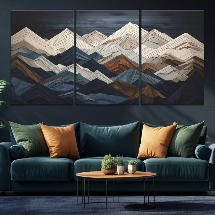 A modern living room features a Mountain Canvas Print.