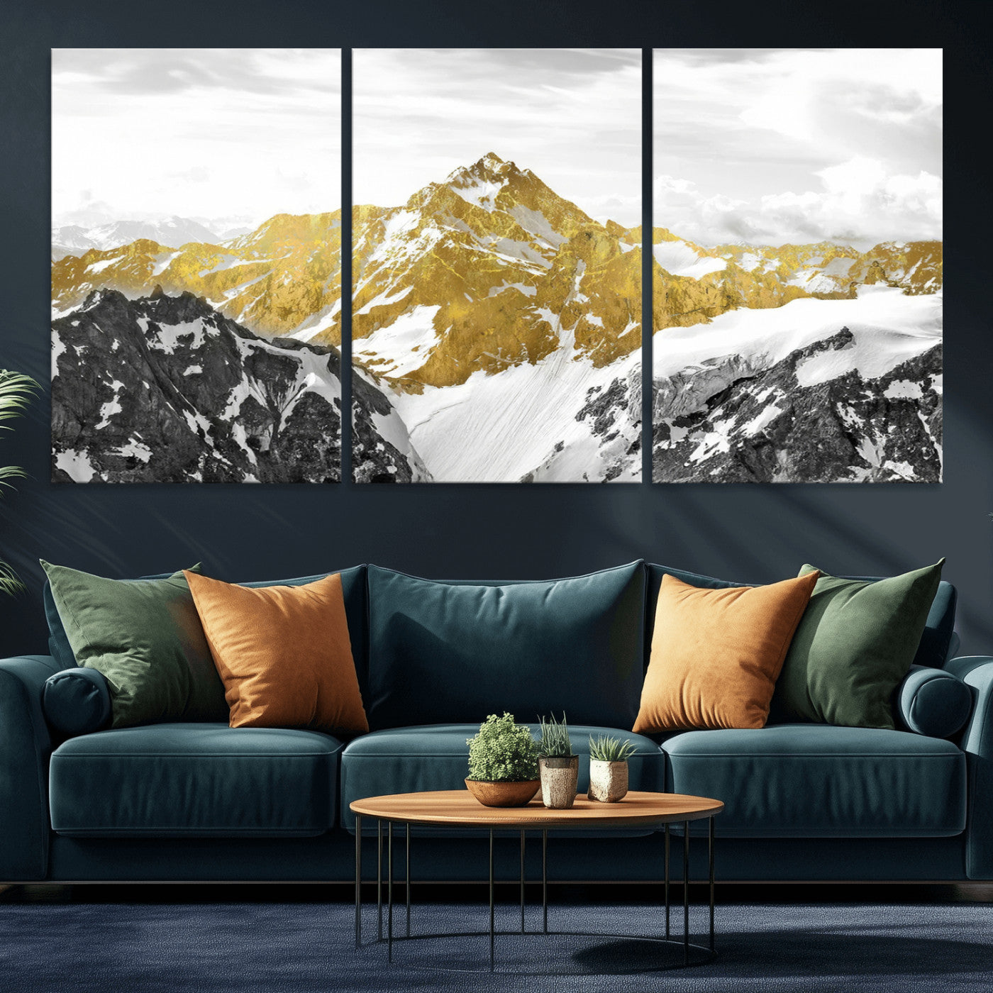 MGV-CV-60X30-3P - Gold Abstract Mountains Wall Art Print on Canvas, Nature Wall Art Print,