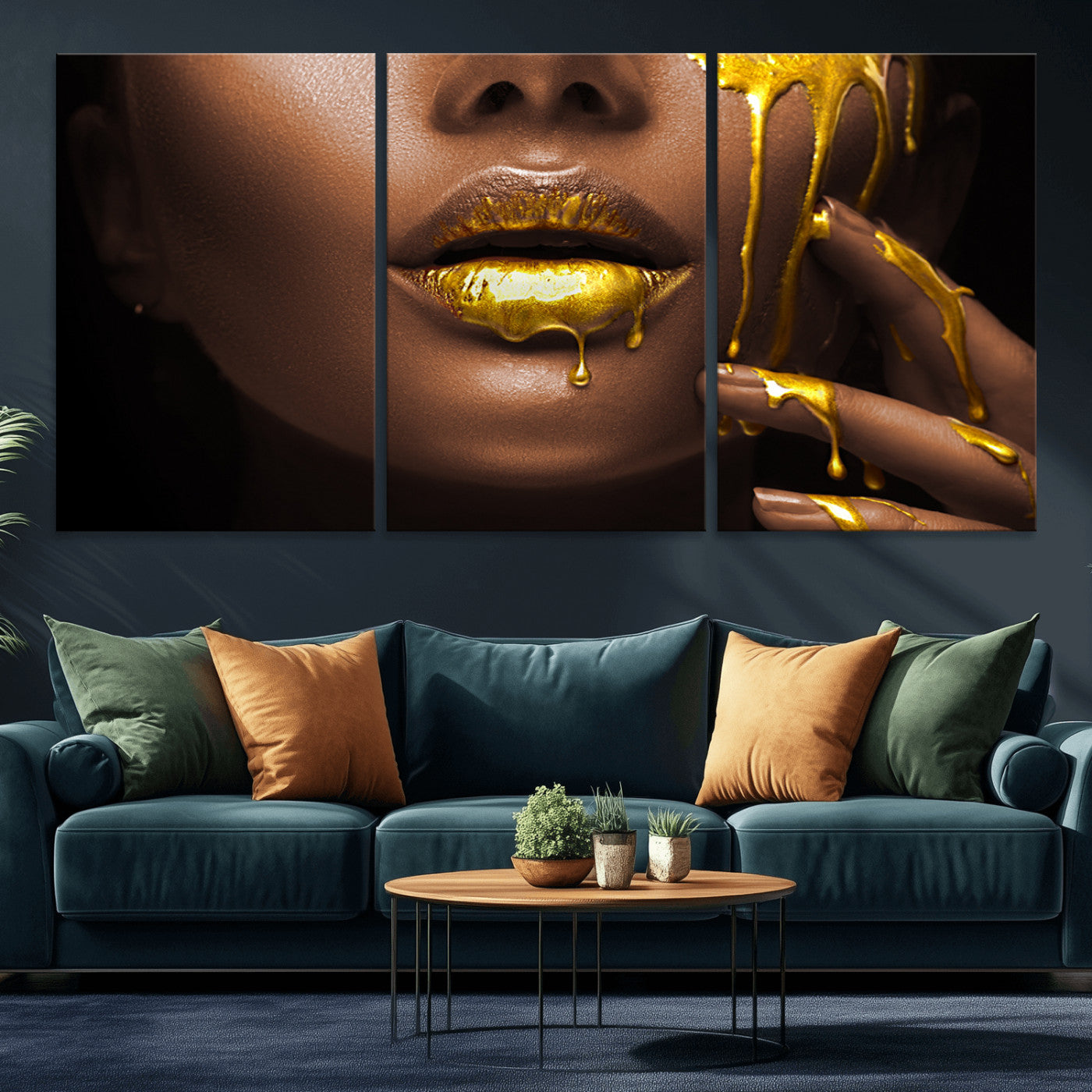 MGV-CV-60X30-3P - African American Art Black Woman Canvas Print, African Wall Art, Fashion African Woman Gold Lips