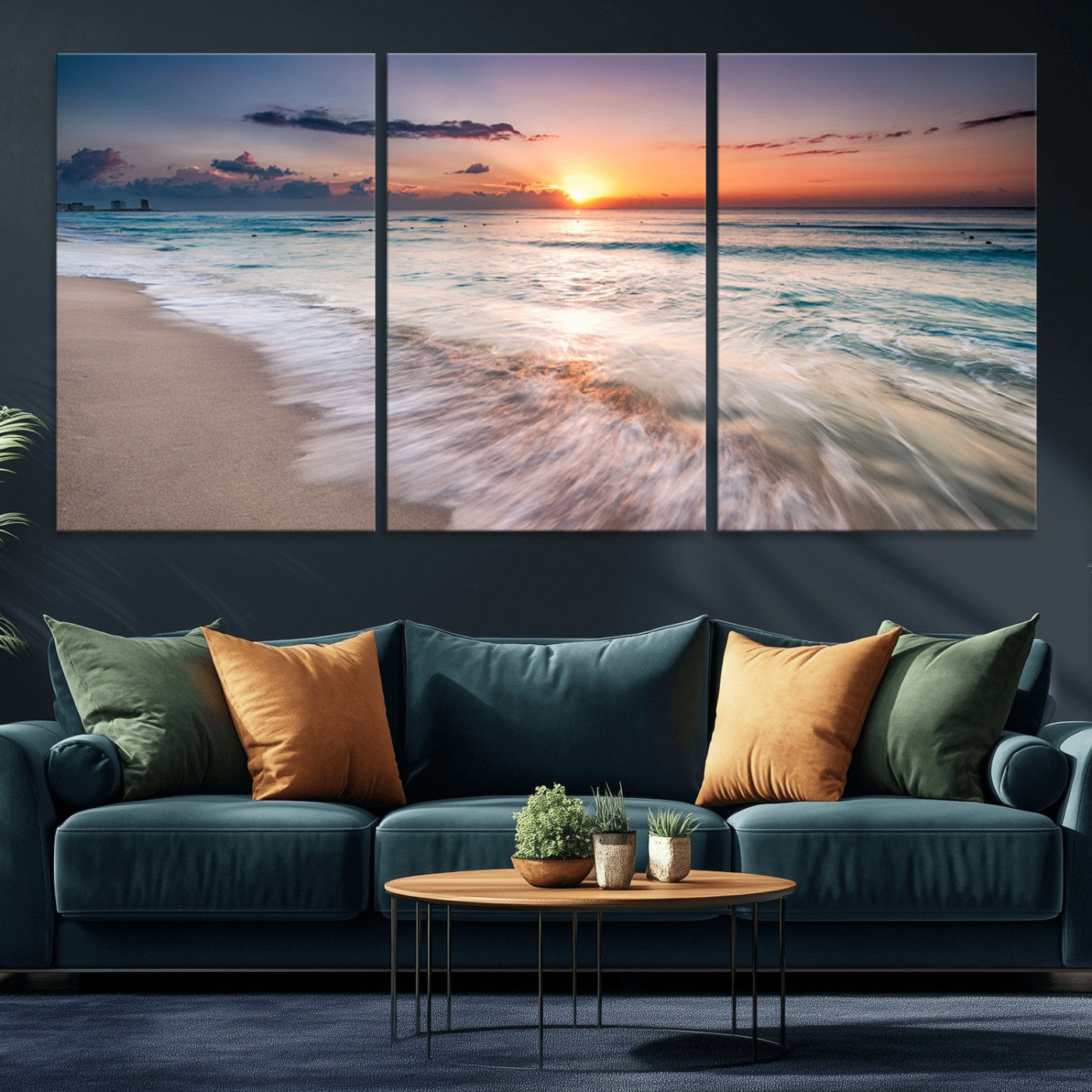 MGV-CV-60X30-3P - Sunset Beach Wall Art – Soothing Coastal Landscape, Ready to Hang for Tranquil Home Decor