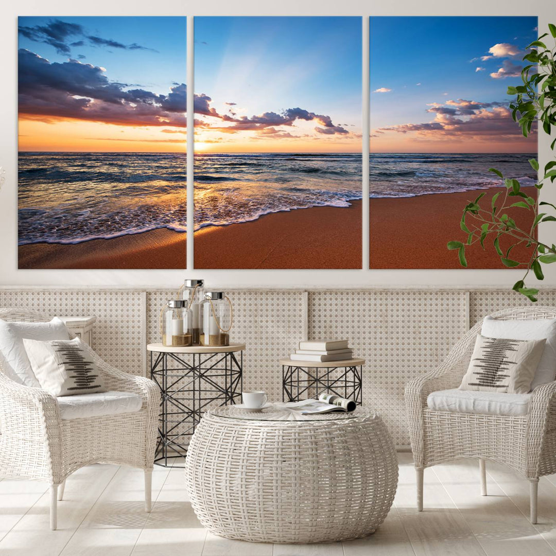 Golden Hour Beach Sunset Wall Art | Canvas Print | Ready to Hang | Coastal Wall Art for Living Room