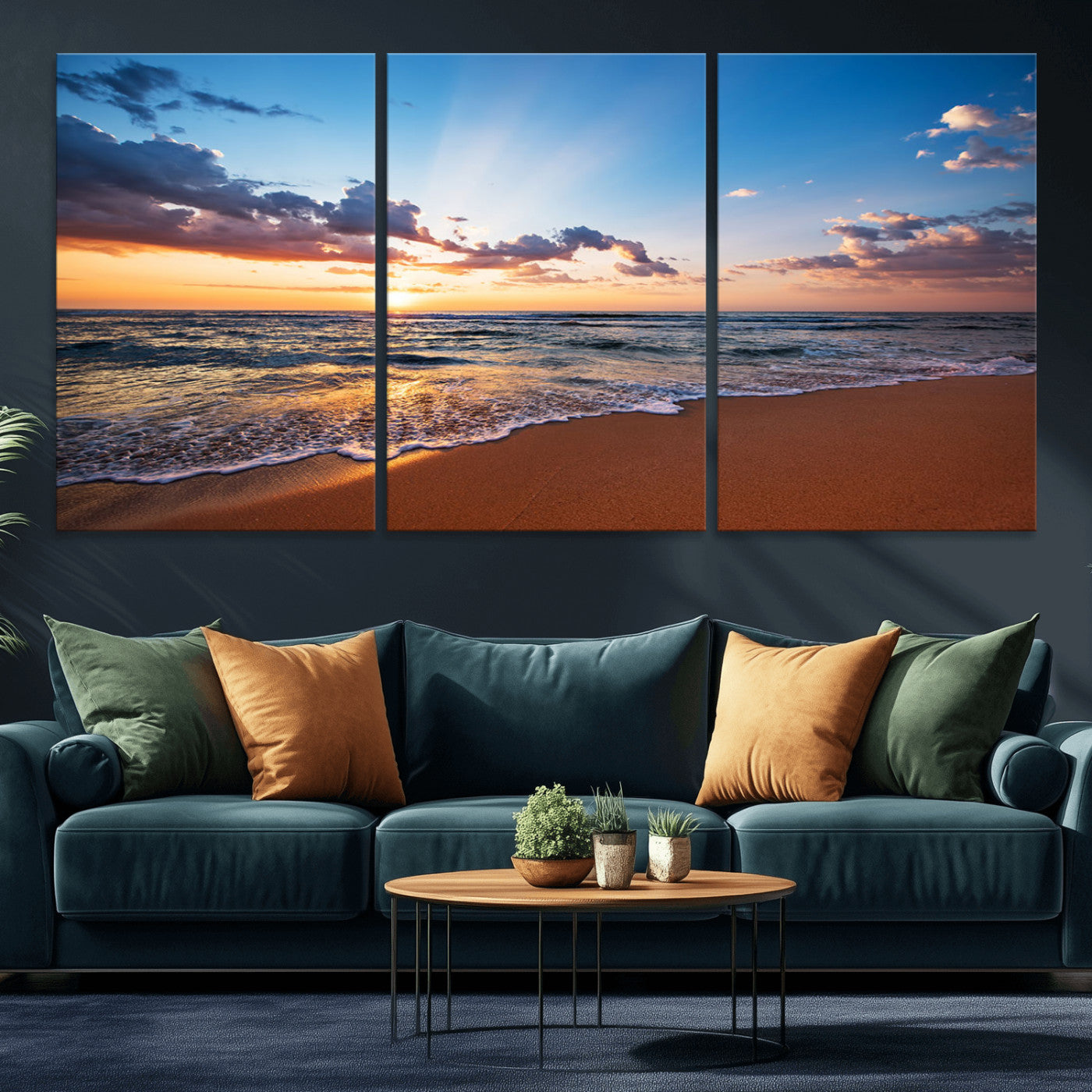 MGV-CV-60X30-3P - Golden Hour Beach Sunset Wall Art | Canvas Print | Ready to Hang | Coastal Wall Art for Living Room