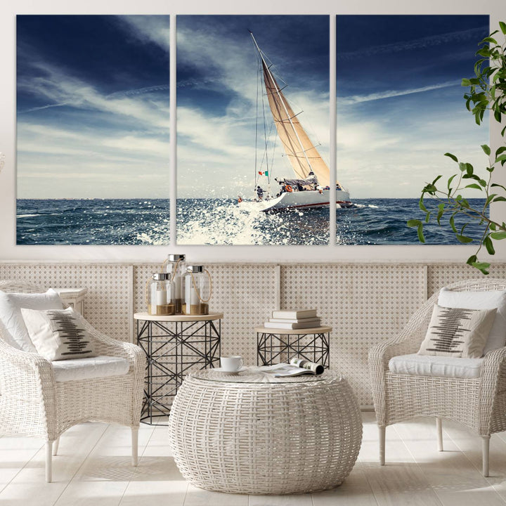 Sailboat Ocean Beach Blue Sky Wall Art Canvas Print