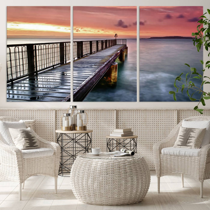 Serene Pier at Sunset Wall Art | Canvas Print | Ready to Hang | Coastal Decor for Living Room