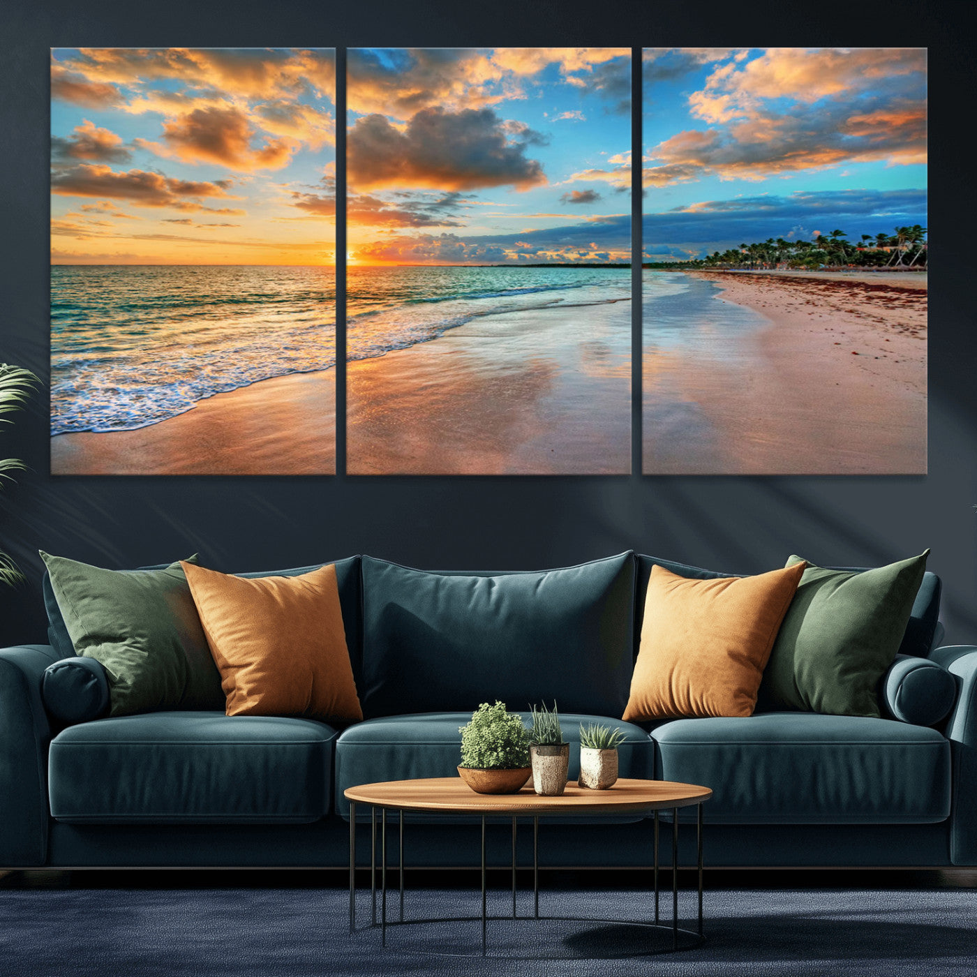 MGV-CV-60X30-3P - Serene Beach Sunset Wall Art | Coastal Ocean Canvas Print | Ready to Hang Tropical Decor for Home or