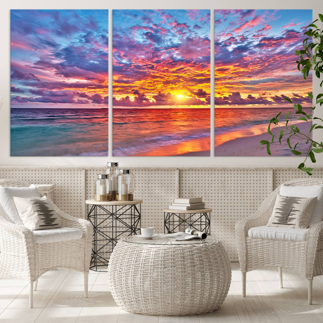 Vibrant Sunset Beach Wall Art | Ocean Sunset Canvas Print | Coastal Wall Art Decor | Ready to Hang | Stunning Sunset Scene for Home or Office Decor