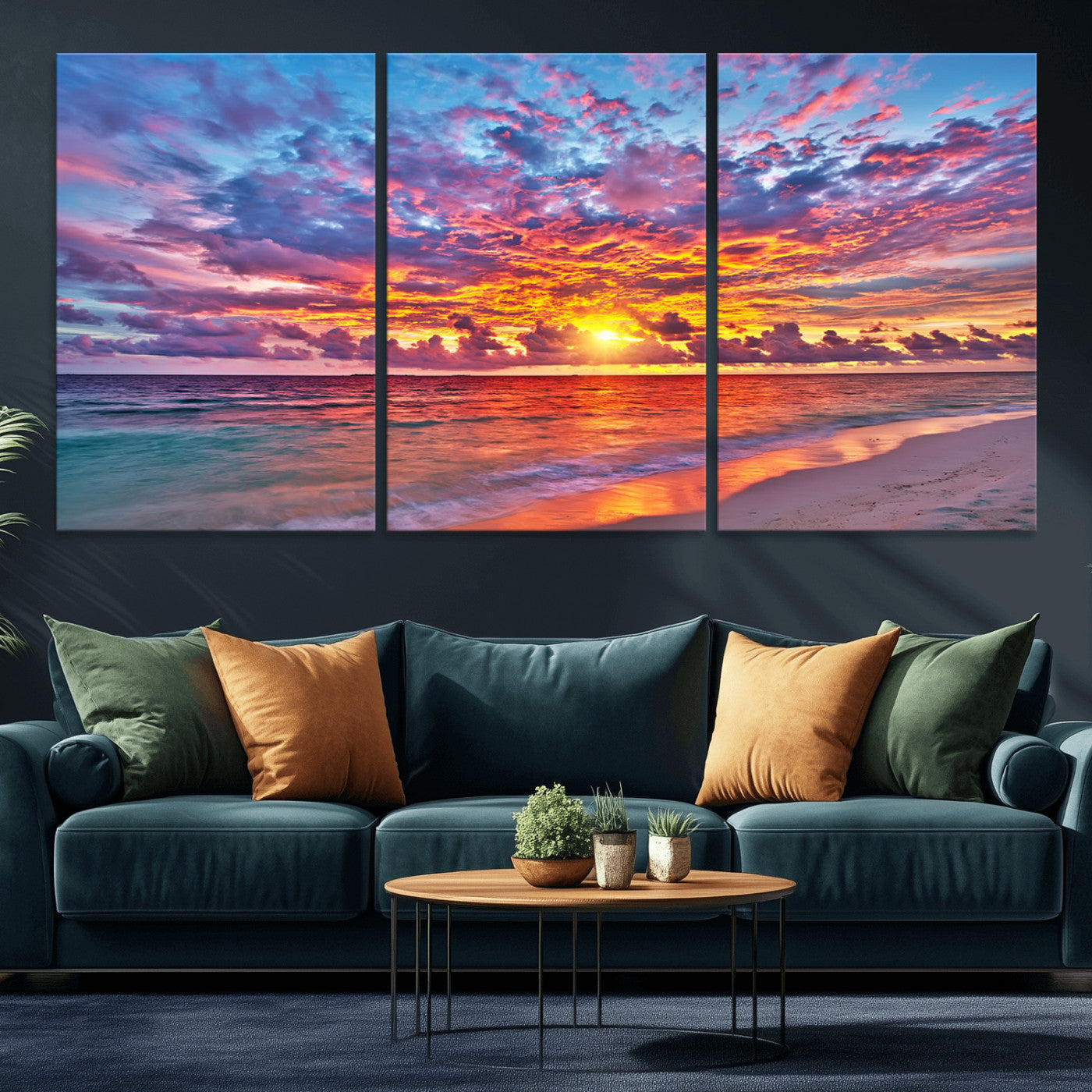 MGV-CV-60X30-3P - Vibrant Sunset Beach Wall Art - Ocean Sunset Canvas Print | Coastal Wall Art Decor Stunning Sunset