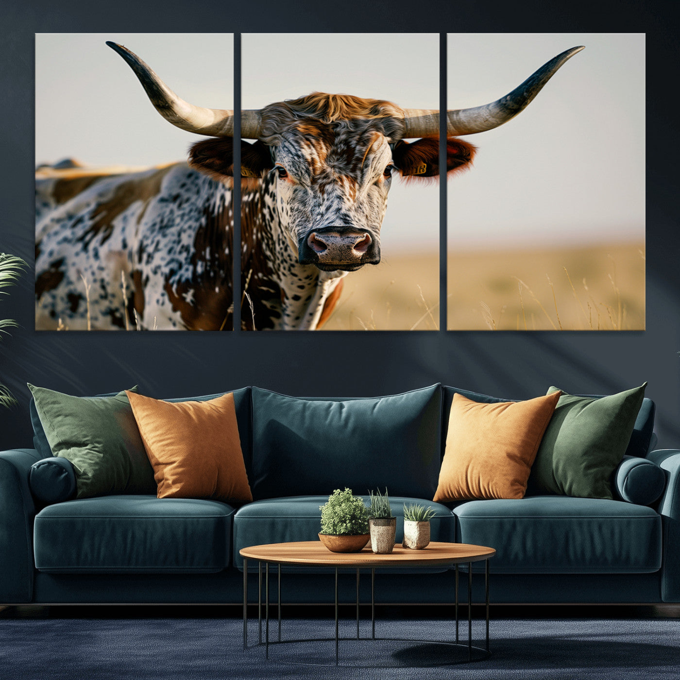 MGV-CV-60X30-3P - Texas Bull Longhorn Wall Art Canvas Print for Farm House Wall Decor, Farmhouse Wall Art Print